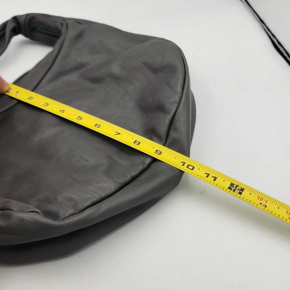 Tano Gray Leather Hobo Bag with Tie Strap – Slouchy Shoulder‎ Purse Zip Pocket